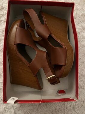 Brown Leather Wood Wedge Sandals